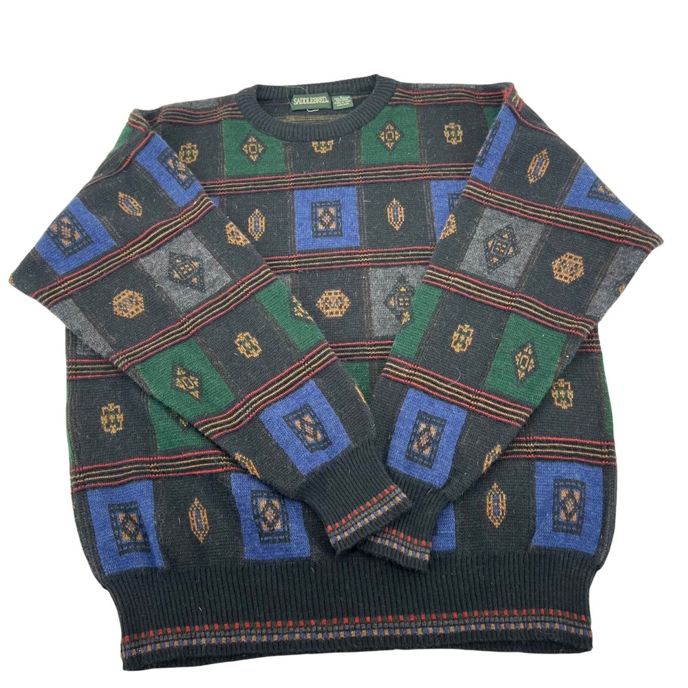 Saddlebred Mens Vintage Wool Blend‎ Sweater L Geometric Pattern Green Blue